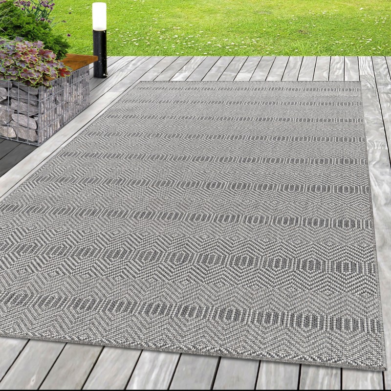 Alfombra de patio para interior y exterior, alfombra de sisal con aspecto de mimbre, gris con patrón holográfico