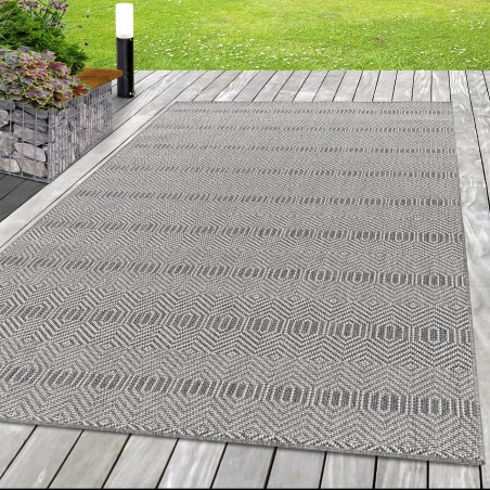 Indoor and outdoor patio rug, wicker-look sisal rug, grey with hologram pattern