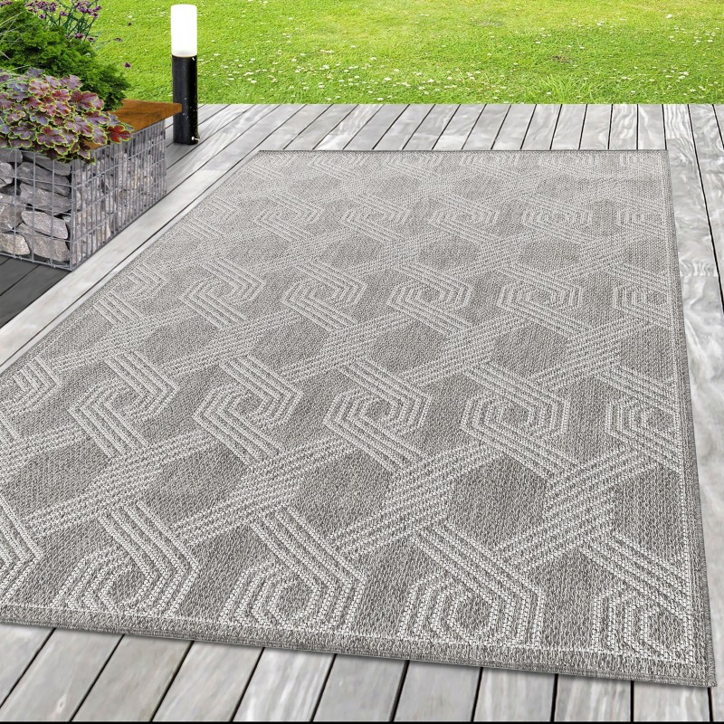 Alfombra de exterior, diseño geométrico, color gris, para terraza, balcón o cocina.