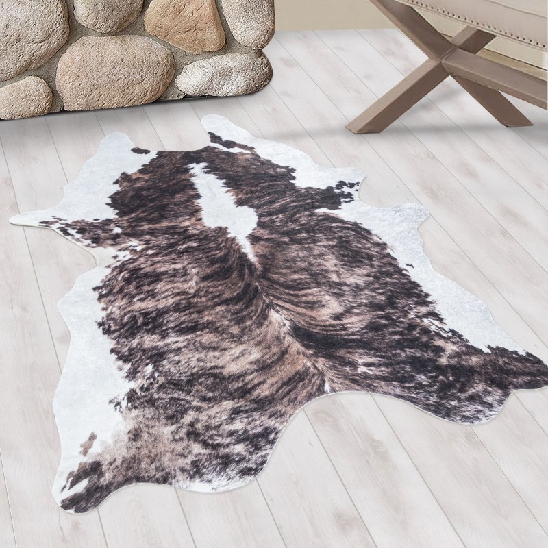 Tapis lavable, imitation peau de vache, couleur marron abstrait, tapis de salon, dos en daim