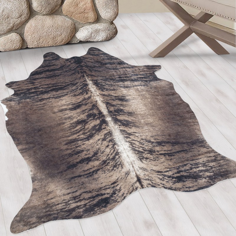 Washable rug, imitation cowhide, brown color, rug for the living room, suede backing