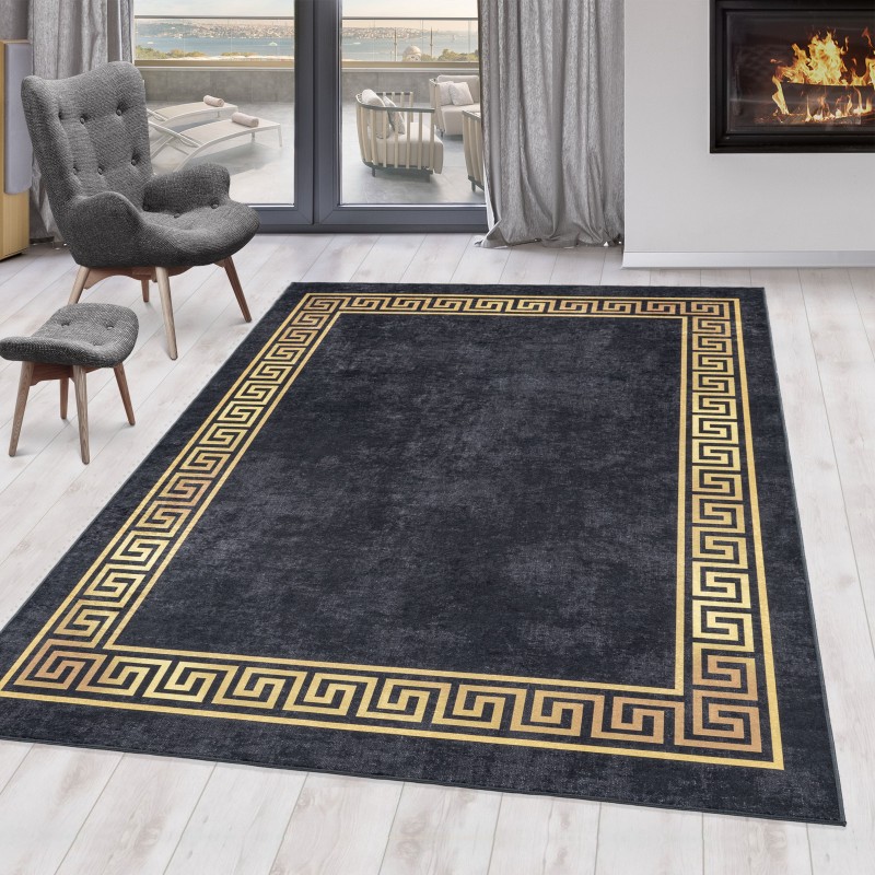 Tapis antidérapant lavable à la machine Orient Vintage Noir Gold