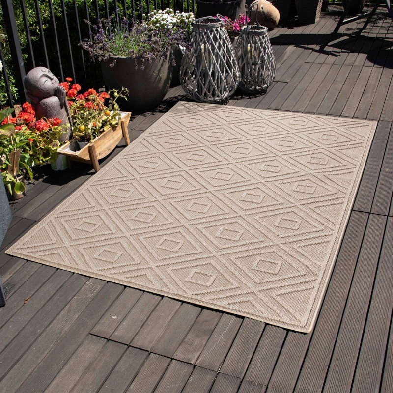 Geometrisch karierter Teppich für Balkone, Küchen, Terrassen, für den Innen- und Außenbereich, beige und braun