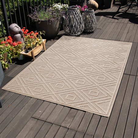 Alfombra de cuadros geométricos para balcones, cocinas, terrazas, uso exterior e interior, en tonos beige y marrón.