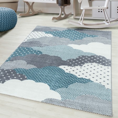 Tapis pour enfants, motif nuage, couleur bleu, tapis pour chambre d'enfant, dos en jute