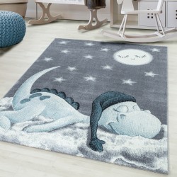 Kinderkleed met dinosauruspatroon, blauw, kleed voor de kinderkamer, jute achterkant