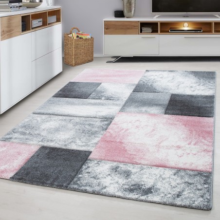 Short pile rug, checkered pattern, pink color, rug for living room, jute backing
