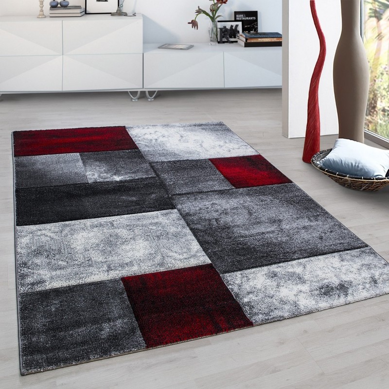 Short pile rug, checkered pattern, red color, rug for living room, jute backing