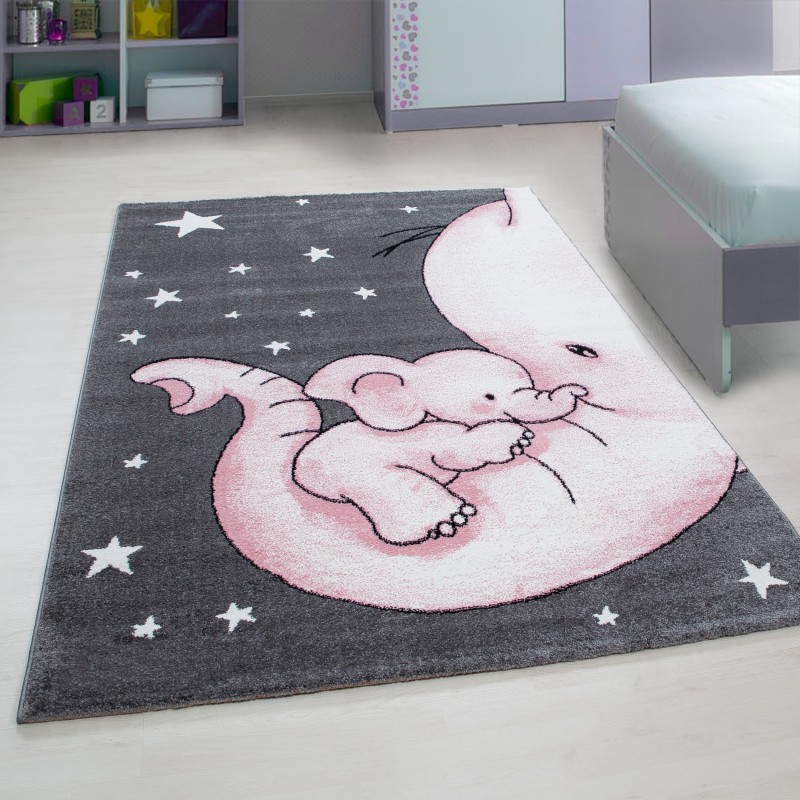 Tapis pour enfant, Motif éléphant, Couleur Rose, Tapis pour Chambre d'enfants, dos en jute