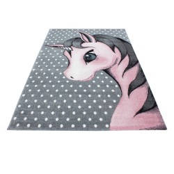Tapis pour enfant, Motif de licorne, Couleur Rose, Tapis pour Chambre d'enfants, dos en jute