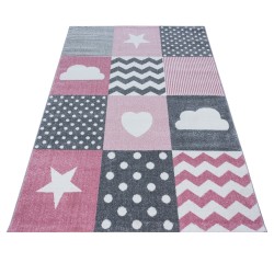 Alfombra infantil, estampado de corazones y estrellas, color rosa, alfombra para habitación infantil, base de yute.
