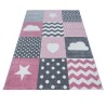 Children's rug, heart and star pattern, pink, children's room rug, jute backing