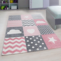 Tapis pour enfant, Motif cœur et étoile, Couleur Rose, Tapis pour Chambre d'enfants, dos en jute