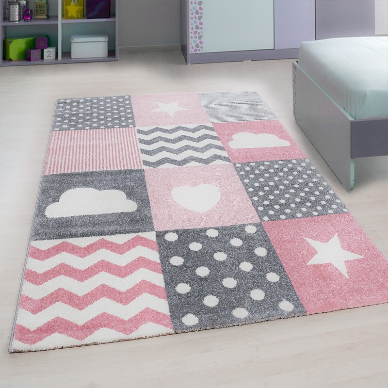 Tapis pour enfant, Motif cœur et étoile, Couleur Rose, Tapis pour Chambre d'enfants, dos en jute