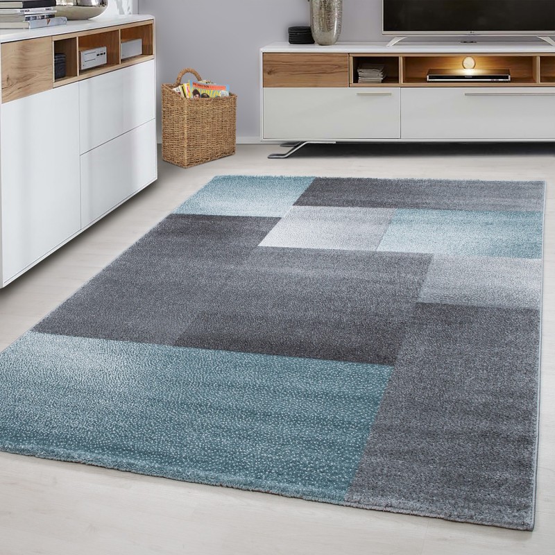 Tapis à poils courts, Motif à carreaux, Couleur Bleu, Tapis pour Salon, dos en jute
