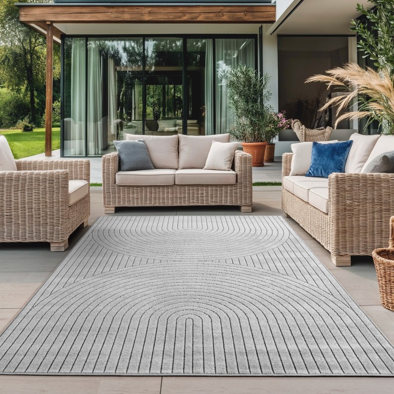 Tapis intérieur et extérieur Salon, chambre à coucher, Jardin d'hiver, Poil court Gris, Effet haut-bas, doux et lavable, facile