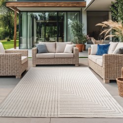Tapis intérieur et extérieur Salon, chambre à coucher, Jardin d'hiver, Poil court crème, Effet haut-bas, doux et lavable, facile