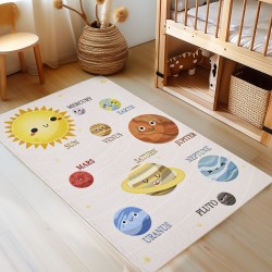 Kinderteppich mit Sonnensystem-Motiv, beige, mit Latex-Rückseite