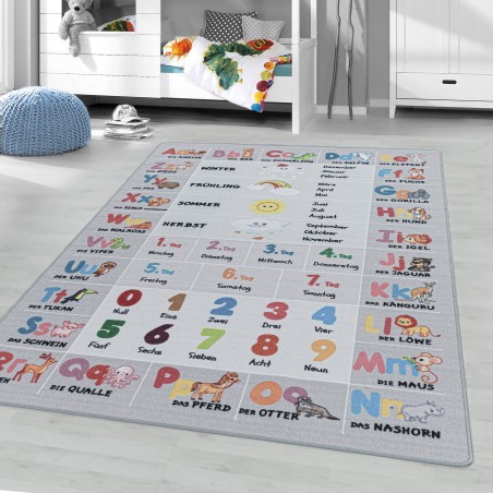Tappeto per bambini, Alfabeto - Lettere - Numeri - Motivi animali, Grigio, Tappeto per cameretta bambini, Supporto in lattice