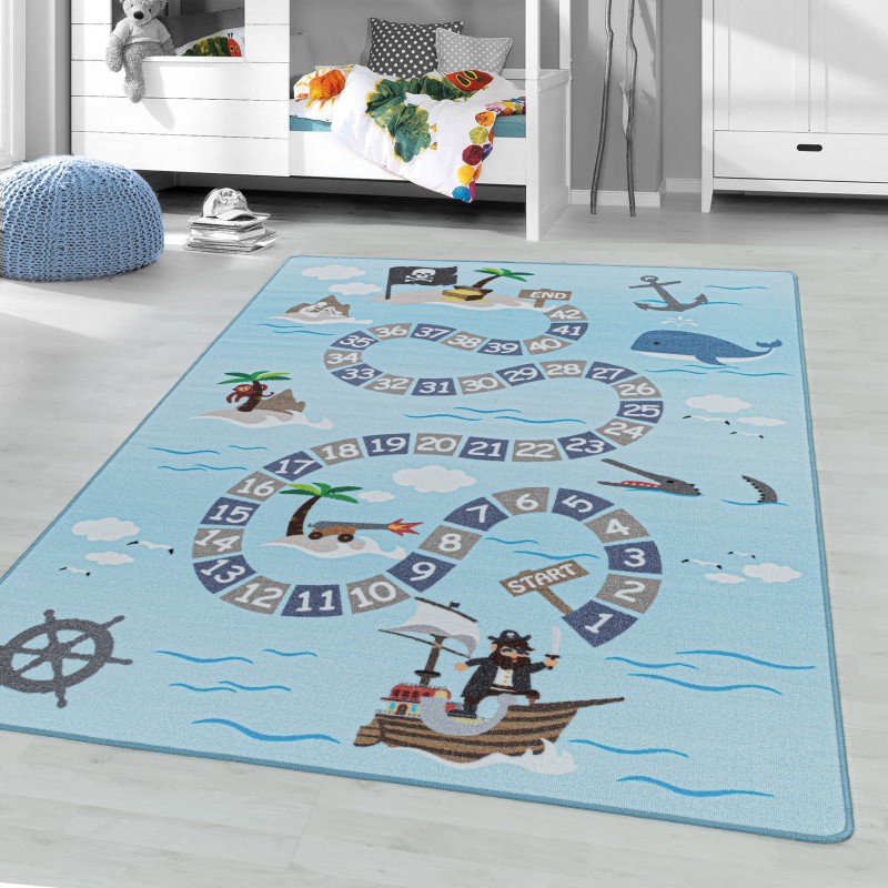 Tapis pour enfant, Conception de pirate, Couleur Bleu, Tapis pour Chambre d'enfants, dos en Latex