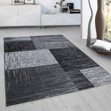 Short pile rug, abstract checkered pattern, black color, rug for living room, jute backing