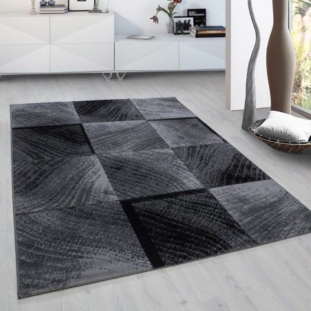 Tapis à poils courts, Motif à carreaux, Couleur Noir, Tapis pour Salon, dos en jute