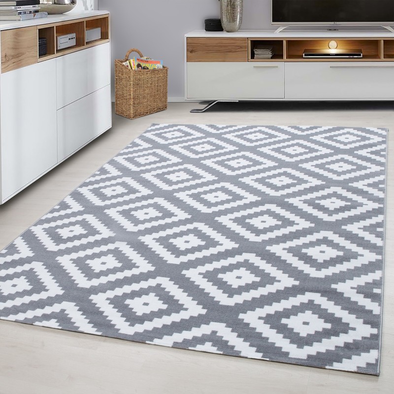 Short pile rug, geometric design, grey, living room rug, jute backing