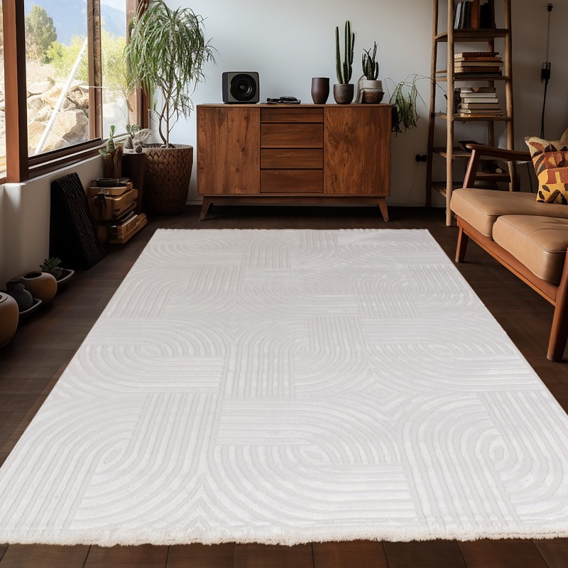 Tapis de salon à motifs de carreaux en relief, style bohème scandinave, doux, crème