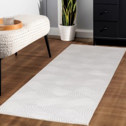 Alfombra de salón con estampado ondulado en relieve, estilo bohemio escandinavo, suave, color crema.