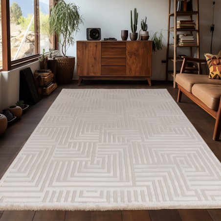 Living room rug with raised geometric patterns, Scandinavian bohemian style, soft, beige
