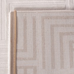 Vardagsrumsmatta med upphöjda geometriska mönster, skandinavisk bohemisk stil, mjuk, krämfärgad