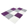 Alfombra peluda de pelo largo, diseño de cuadros, MORADO-BLANCO-GRIS