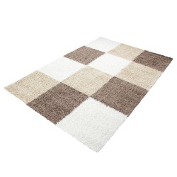 Rutig matta med lång lugg, rutig design, BRUN-VIT-BEIGE