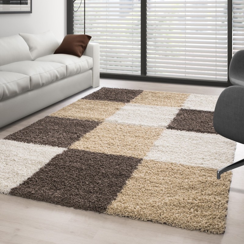 Tapis Shaggy pile longue designe à carreaux MARRON-BLANC-BEIGE