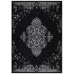 Outdoor rug, vintage design, black, suitable for patio, balcony, or kitchen, with a polypropylene backing
