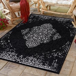 Outdoor rug, vintage design, black, suitable for patio, balcony, or kitchen, with a polypropylene backing
