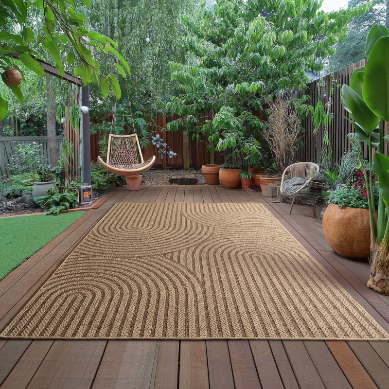 Beige utomhus-/inomhusmatta för vardagsrum, kök och terrass med modern design, naturlig jute-look, polypropen