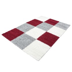 Alfombra peluda de pelo largo, diseño de cuadros, ROJO-BLANCO-GRIS
