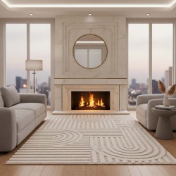 Modern geometric beige rug, digital print, non-slip, washable, 7 mm, for living room or bedroom