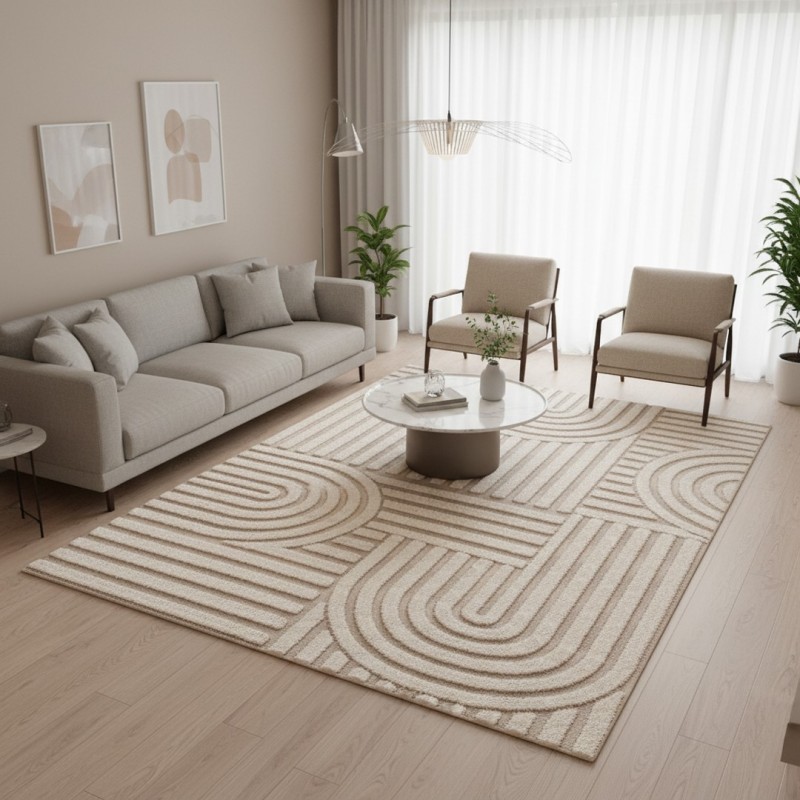 Modern geometrisk beige matta, digitaltryck, halkfri, tvättbar, 7 mm, för vardagsrum eller sovrum