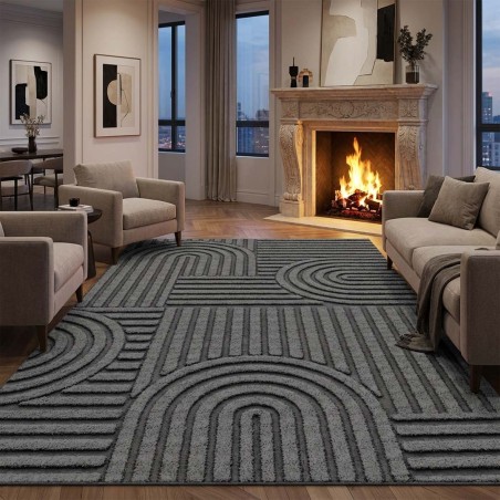 Modern geometrik desenli halı, koyu gri, dijital baskılı, kaymaz, yıkanabilir, 7 mm, oturma odası/yatak odası için uygun.