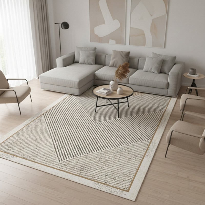 Modern beige and taupe herringbone rug – Washable, non-slip, digitally printed, 7 mm for living room, bedroom