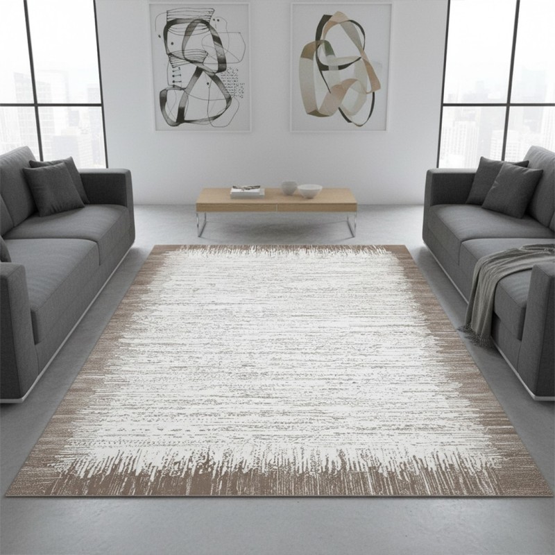 Tapis Moderne Blanc & Beige Clair – Doux, Lavable, Antidérapant, Style Contemporain – Salon, Chambre – 7 mm
