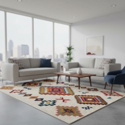 Alfombra Kilim Escandinava, Dedalera Multicolor Crema – Lavable, Antideslizante – Salón, Dormitorio – 6-7 mm
