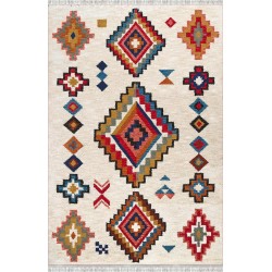 Alfombra Kilim Escandinava, Dedalera Multicolor Crema – Lavable, Antideslizante – Salón, Dormitorio – 6-7 mm