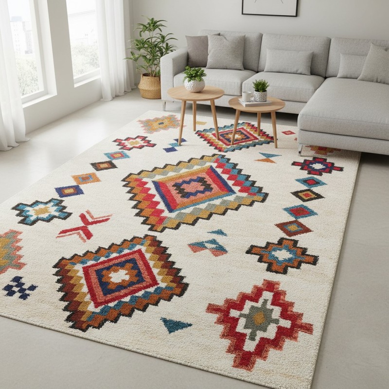 İskandinav Kilim Halı, Krem Çok Renkli Yüksükotu Desenli – Yıkanabilir, Kaymaz – Oturma Odası, Yatak Odası – 6-7 mm
