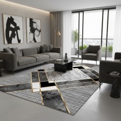 Modern Grey & Gold Rug with Digital Print – Washable, Non-Slip – Living Room, Bedroom – 6-7 mm