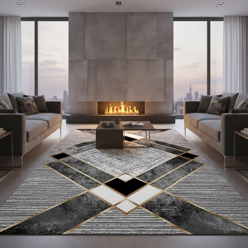 Modern Grey & Gold Rug with Digital Print – Washable, Non-Slip – Living Room, Bedroom – 6-7 mm