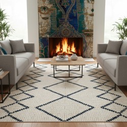 Moderner skandinavischer Teppich in Creme und Blau – Digitaldruck, waschbar, rutschfest – Wohnzimmer, Schlafzimmer, 7 mm