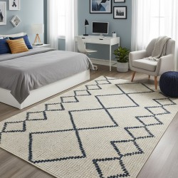 Moderner skandinavischer Teppich in Creme und Blau – Digitaldruck, waschbar, rutschfest – Wohnzimmer, Schlafzimmer, 7 mm